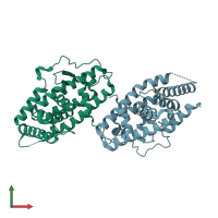PDB entry 3v3e coloured by chain, front view.