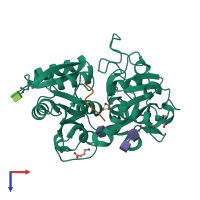 Hetero dimeric assembly 1 of PDB entry 3v5a coloured by chemically distinct molecules, top view.