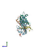 PDB entry 3vak coloured by chain, side view.