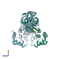 PDB entry 3vb4 coloured by chain, side view.