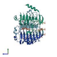 PDB entry 3vbi coloured by chain, side view.