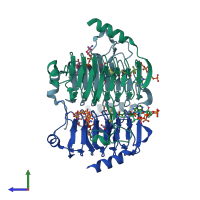 PDB entry 3vbl coloured by chain, side view.