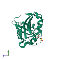 PDB entry 3vco coloured by chain, side view.