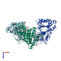 PDB entry 3veg coloured by chain, top view.