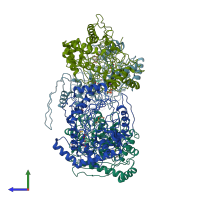 PDB entry 3veh coloured by chain, side view.
