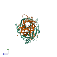 PDB entry 3veq coloured by chain, side view.
