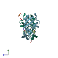 PDB entry 3vfb coloured by chain, side view.