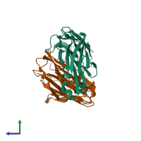 PDB entry 3vfg coloured by chain, side view.