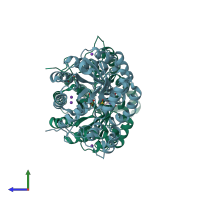 PDB entry 3vfl coloured by chain, side view.