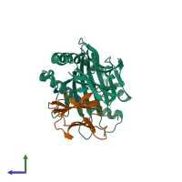 PDB entry 3vfm coloured by chain, side view.