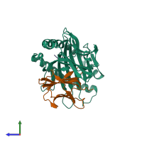Hetero trimeric assembly 1 of PDB entry 3vfn coloured by chemically distinct molecules, side view.