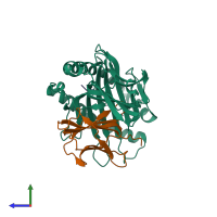 PDB entry 3vfr coloured by chain, side view.