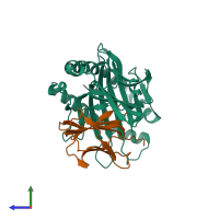 PDB entry 3vfu coloured by chain, side view.