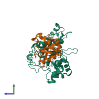 PDB entry 3vh3 coloured by chain, side view.