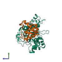 PDB entry 3vh4 coloured by chain, side view.