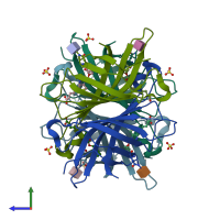 PDB entry 3vhi coloured by chain, side view.