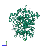 PDB entry 3vil coloured by chain, side view.
