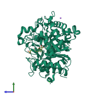 PDB entry 3vio coloured by chain, side view.