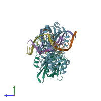 PDB entry 3vk8 coloured by chain, side view.