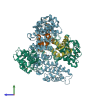 PDB entry 3vlf coloured by chain, side view.