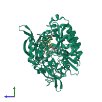 PDB entry 3vly coloured by chain, side view.