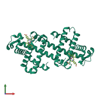 Homo dimeric assembly 1 of PDB entry 3vm9 coloured by chemically distinct molecules, front view.