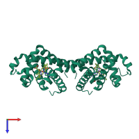 Homo dimeric assembly 1 of PDB entry 3vm9 coloured by chemically distinct molecules, top view.