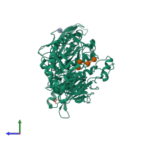 PDB entry 3vmo coloured by chain, side view.