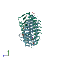PDB entry 3vn3 coloured by chain, side view.