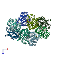 PDB entry 3vnd coloured by chain, top view.
