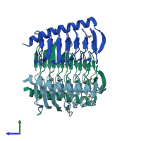 PDB entry 3vnp coloured by chain, side view.