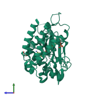 PDB entry 3vnt coloured by chain, side view.