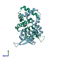 PDB entry 3vod coloured by chain, side view.