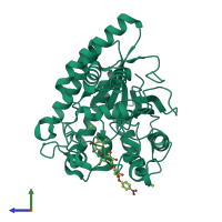 PDB entry 3voi coloured by chain, side view.