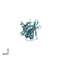 PDB entry 3voq coloured by chain, side view.