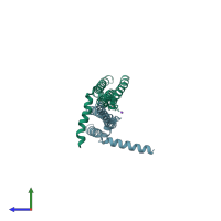 PDB entry 3vou coloured by chain, side view.