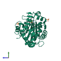 PDB entry 3vp0 coloured by chain, side view.