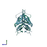 PDB entry 3vpp coloured by chain, side view.