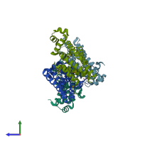 PDB entry 3vpr coloured by chain, side view.