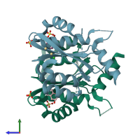 PDB entry 3vq8 coloured by chain, side view.