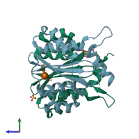 PDB entry 3vqa coloured by chain, side view.