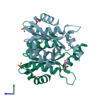 PDB entry 3vqe coloured by chain, side view.