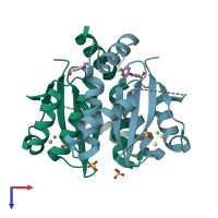 PDB entry 3vqe coloured by chain, top view.