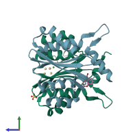 PDB entry 3vqp coloured by chain, side view.