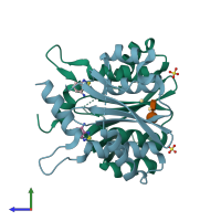 PDB entry 3vqq coloured by chain, side view.