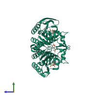 Homo dimeric assembly 1 of PDB entry 3vqx coloured by chemically distinct molecules, side view.