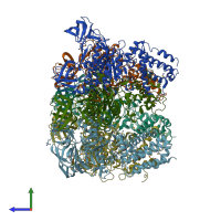 PDB entry 3vr2 coloured by chain, side view.