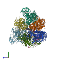 PDB entry 3vr4 coloured by chain, side view.
