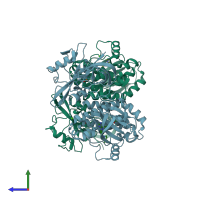 PDB entry 3vs2 coloured by chain, side view.