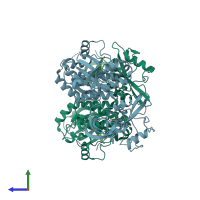 PDB entry 3vs3 coloured by chain, side view.